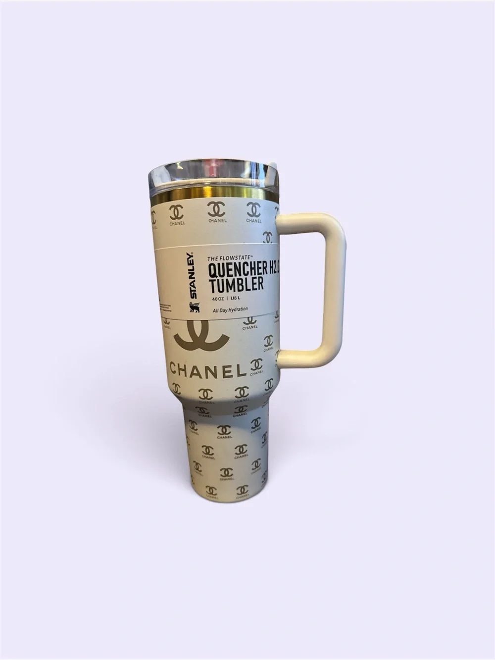 Stanley White and Gold Quencher H2.0 Tumbler with Chanel Motif